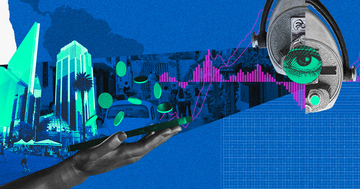 A graphic collage featuring various elements for an a16z article on market annealing