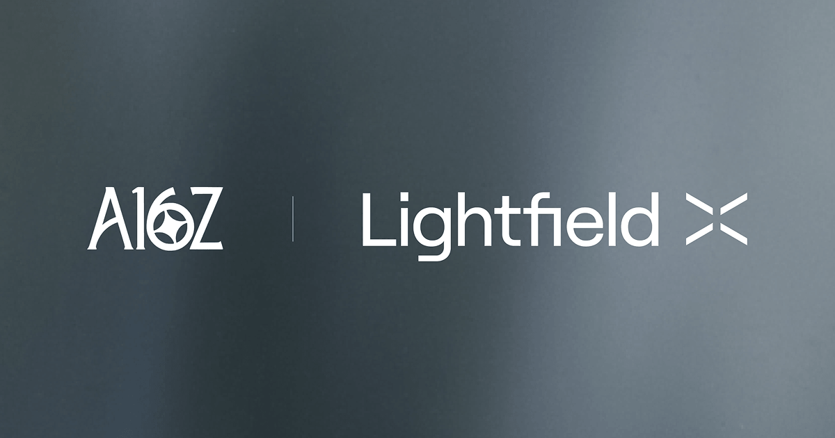 Official a16z Lightfield announcement art: white wordmarks on dark chrome